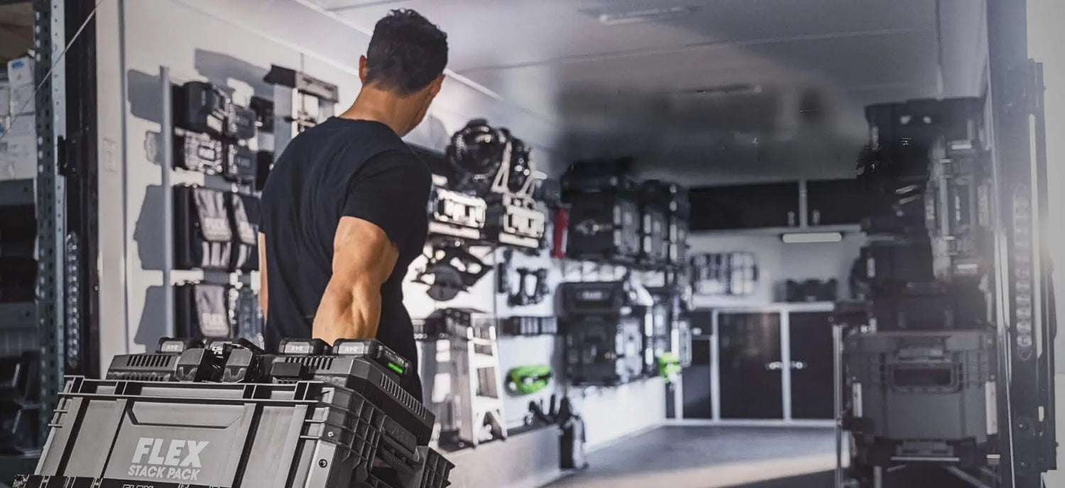 man moving flex stack pack storage