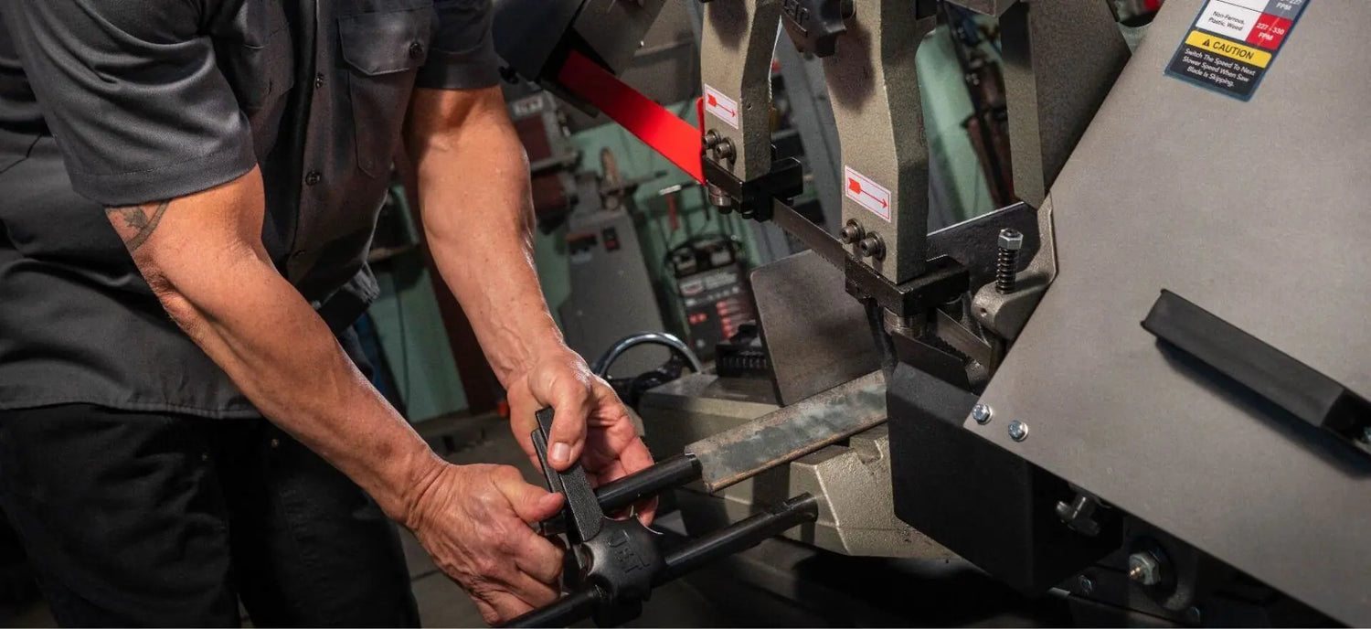 JET showing cold saw and band saw in a fabrication shop