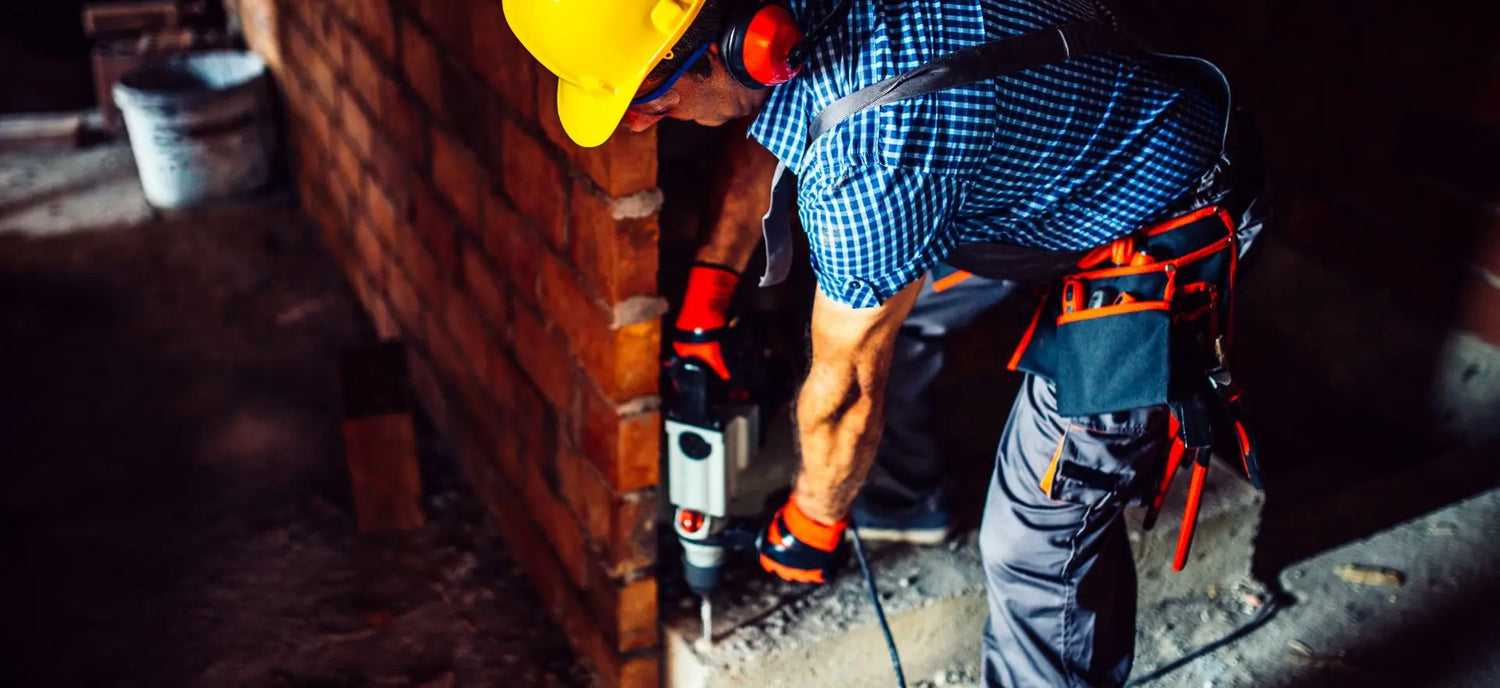 worker drilling into concrete with a rotary hammer