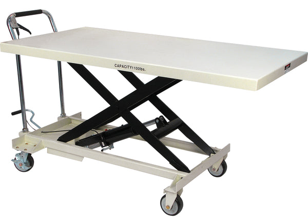 White hydraulic scissor lift table on wheels with a flat load surface