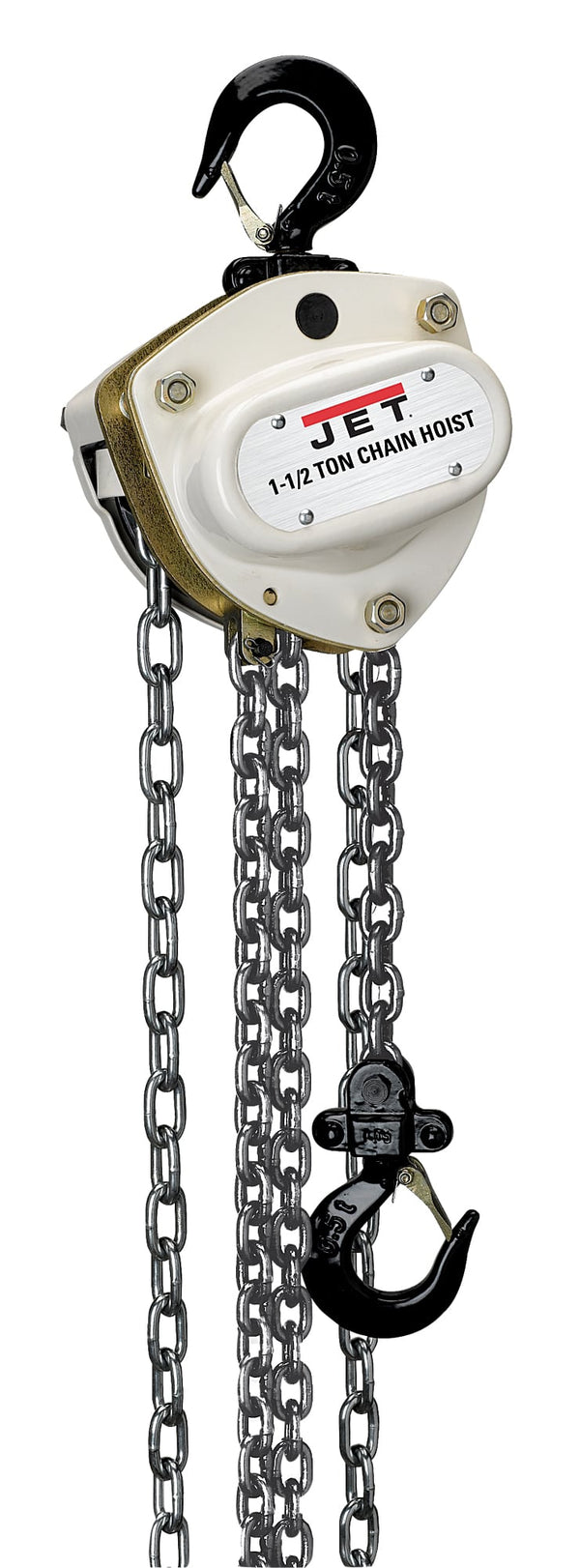 Jet 1-1/2 ton chain hoist with black hook and heavy steel chains