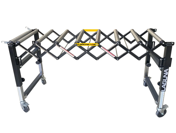 Section of a folding roller conveyor with multiple gray rollers and a black frame