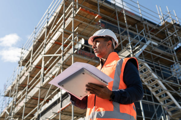 Construction worker wearing a white helmet and orange safety vest stands before scaffolding and holds plans.