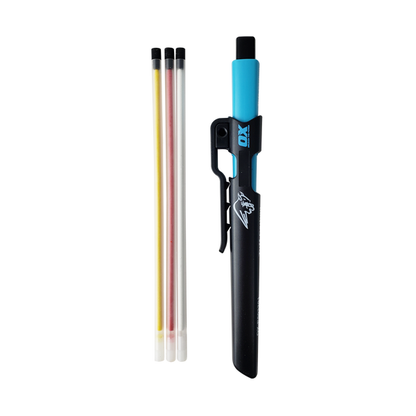 Markers and pencils collection with three colored pencils yellow pink and white and a blue marker on a black background