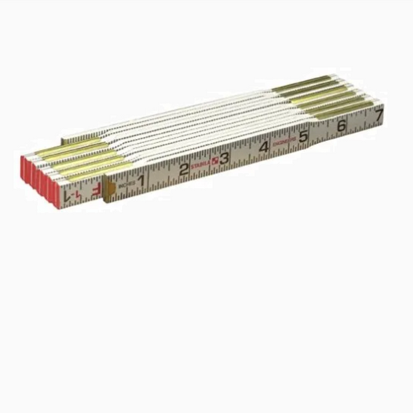 set of folding measuring rulers with brass edges and numbered inch marks laid out in a row