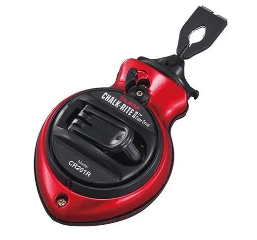 Red chalk line reel with black spool and hook at the end