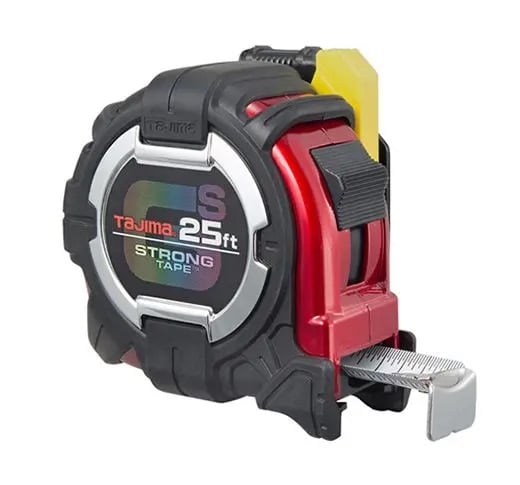 Tajima 25 ft tape measure with black red housing and yellow blade extended
