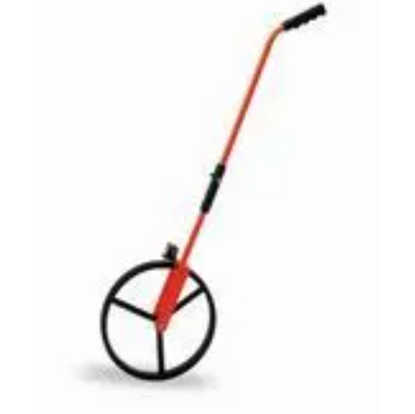 Measuring wheel with red adjustable handle and small wheel at the base