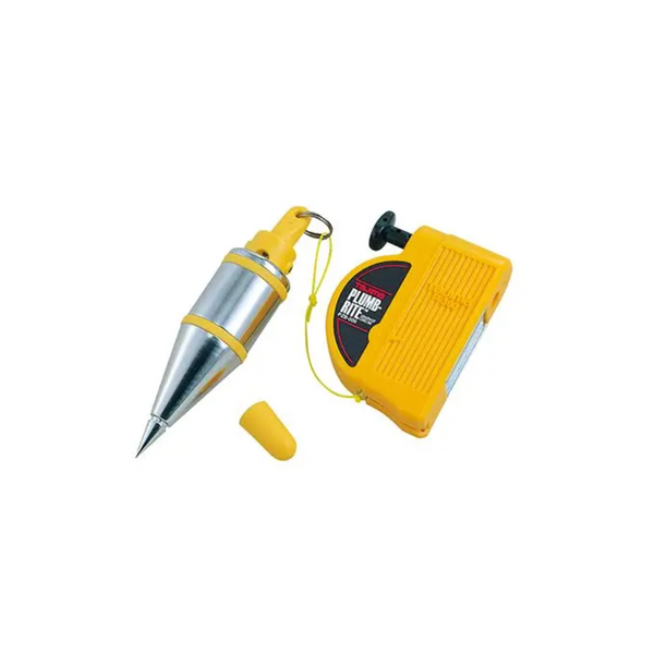 Yellow plumb bob with metal tip and cord beside a yellow storage case.