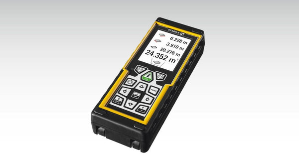 Laser layout tool with yellow protective frame and a numeric display on a black handheld device.