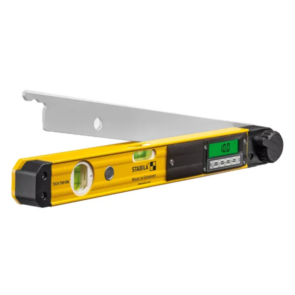 Stabila yellow digital angle finder with extended blade and a display showing 10.0.