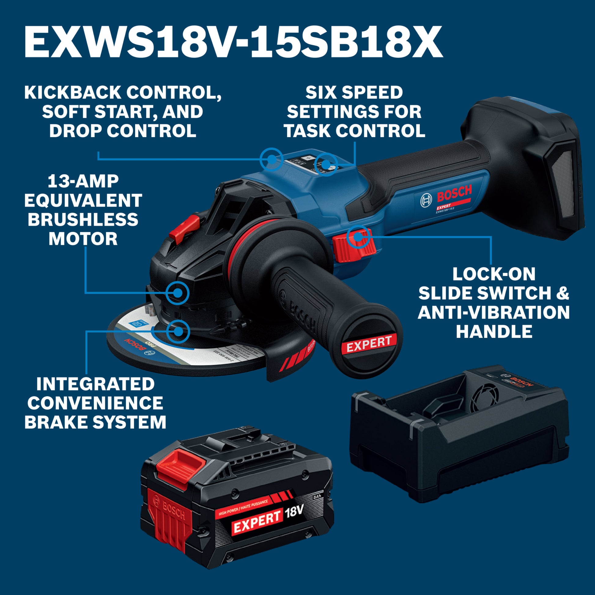 Bosch EXPERT 18V 5 - 6" Angle Grinder with Slide Switch Kit With 8.0 Ah Battery and Multi-Voltage Charger EXWS18V-15SB18X