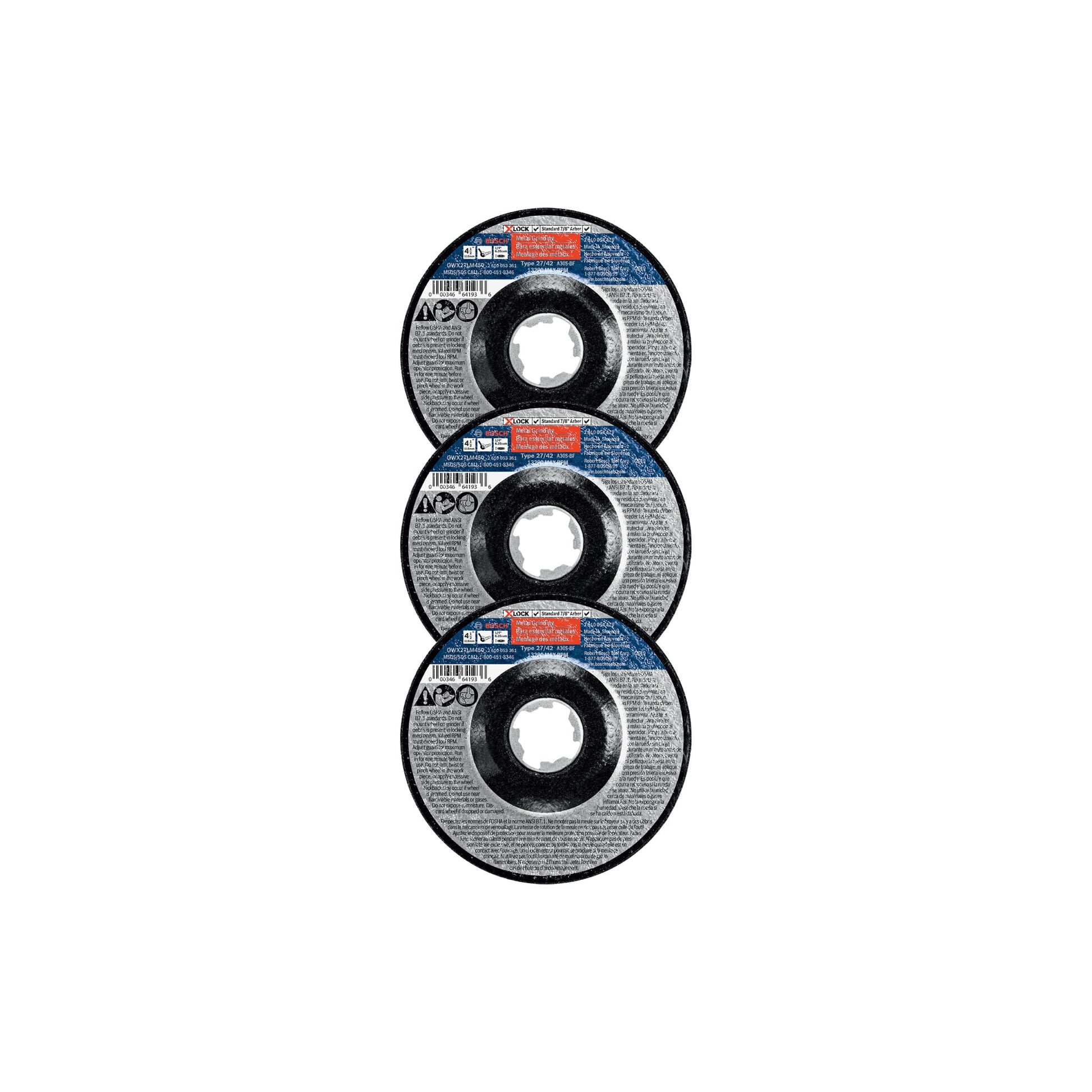 Bosch 4-1/2" x 1/4" X-LOCK Type 27 30 Grit Metal Grinding Abrasive Wheel, 3-Pack GWX27LM450P3