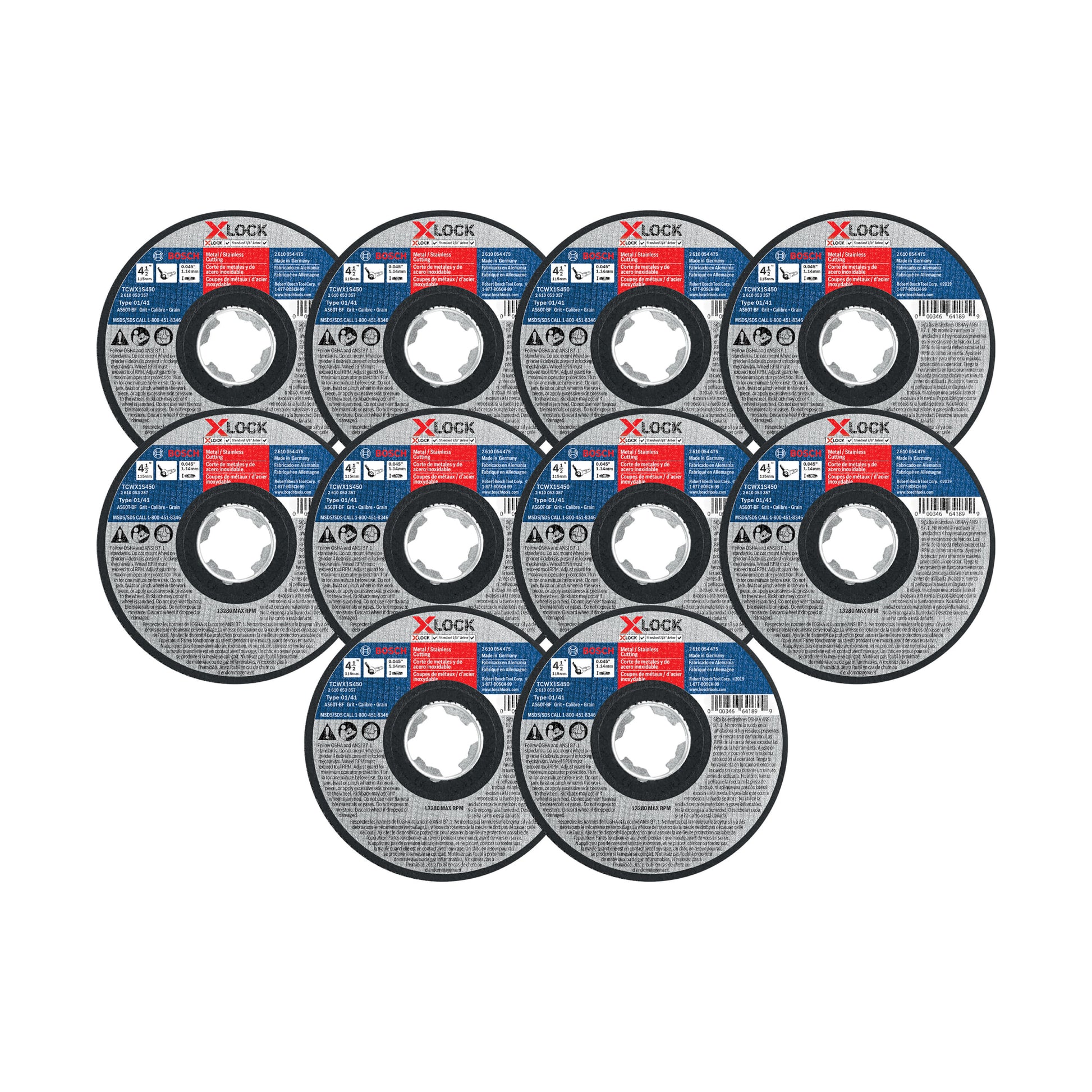 Bosch 4-1/2" x .045" Type 1/41 X-LOCK Metal/Stainless Steel Fast Cutting Abrasive Wheel 60 Grit, 10-Pack TCWX1S450P10