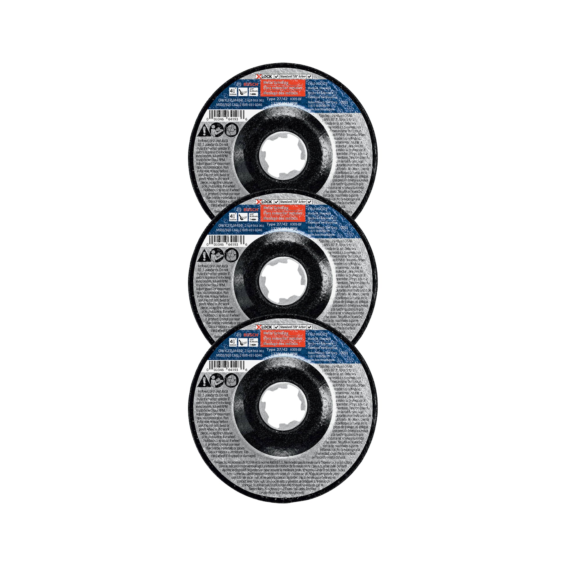 Bosch 4-1/2" x 1/4" X-LOCK Type 27 30 Grit Metal Grinding Abrasive Wheel, 3-Pack GWX27LM450P3