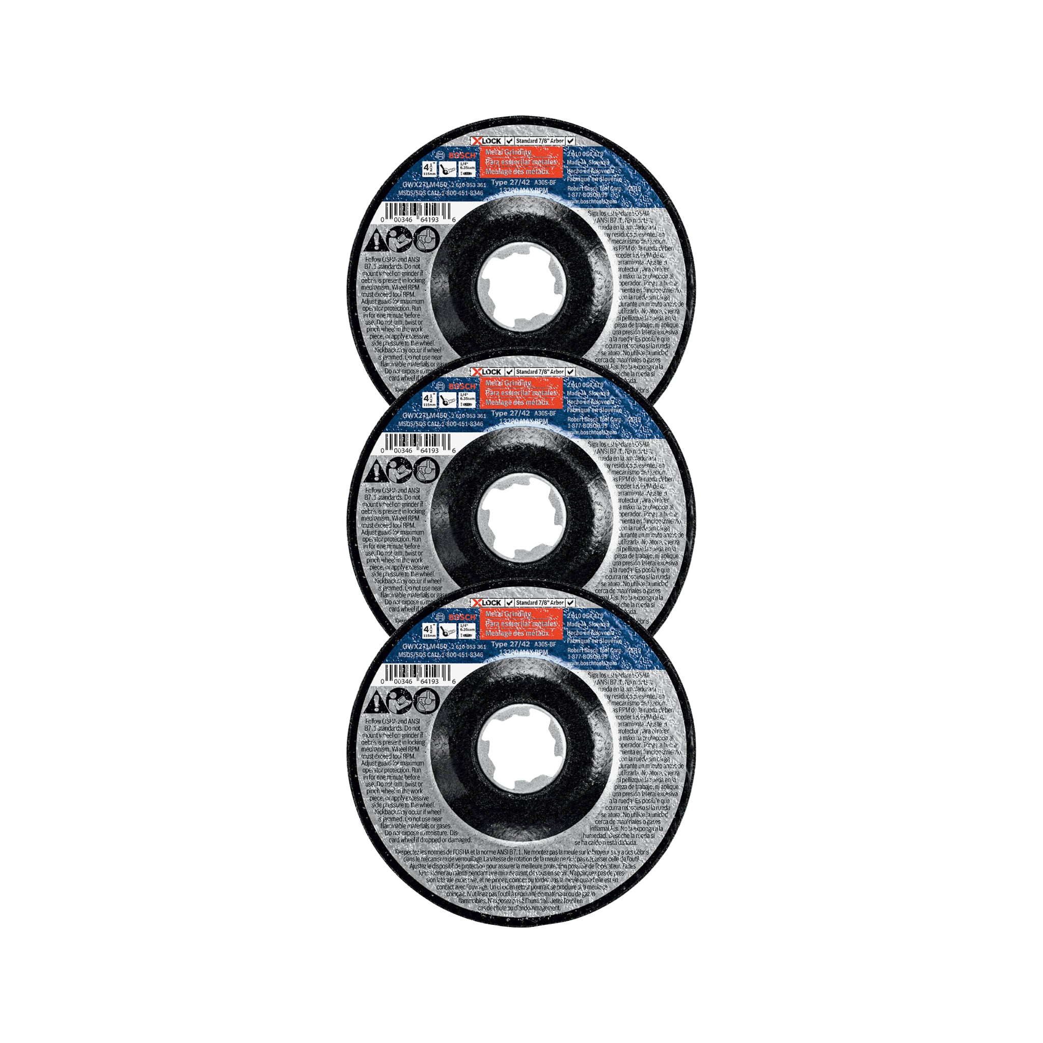 Bosch 4-1/2" x 1/4" X-LOCK Type 27 30 Grit Metal Grinding Abrasive Wheel, 3-Pack GWX27LM450P3