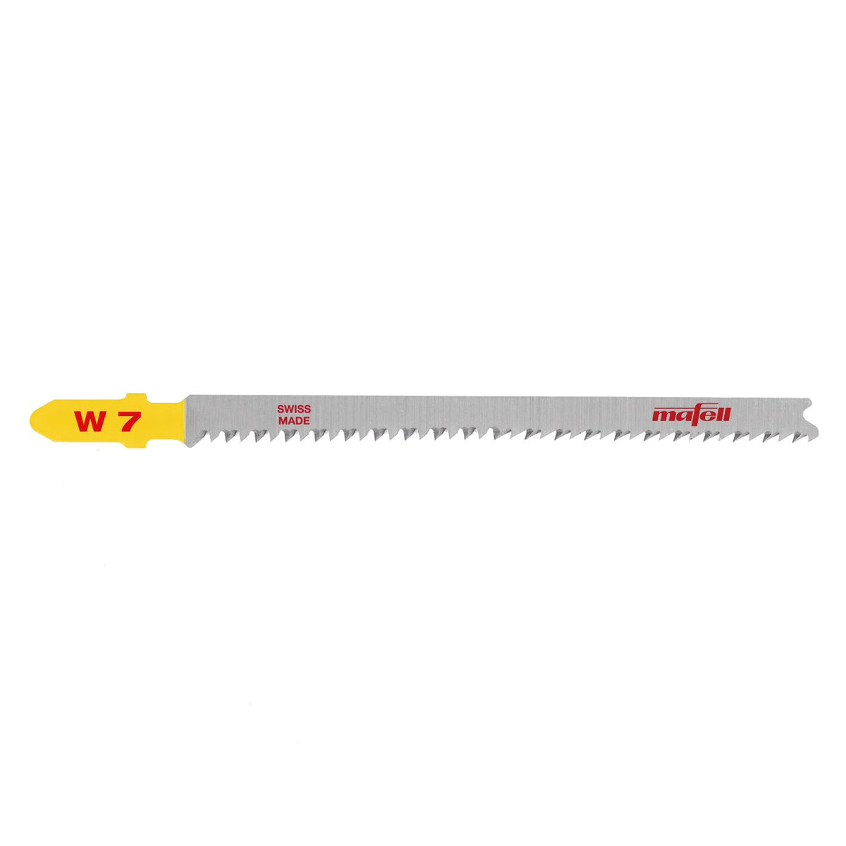 Mafell W7 wood complete curve jigsaw blade with yellow tip held between fingers showing Swiss Made and Mafell branding.