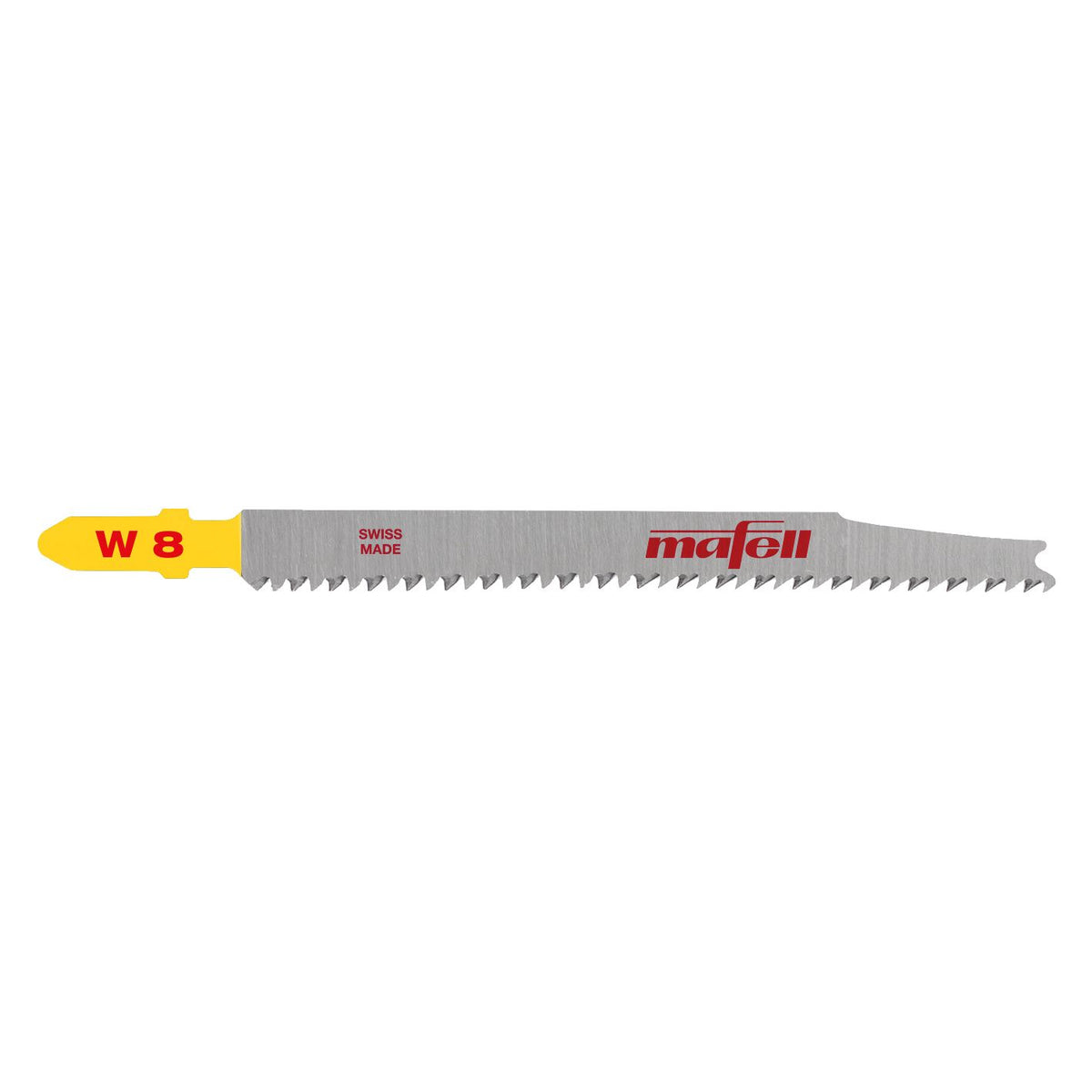 Mafell W8 wood complete jigsaw blade 95 mm length laid flat on a wooden workbench with Mafell branding