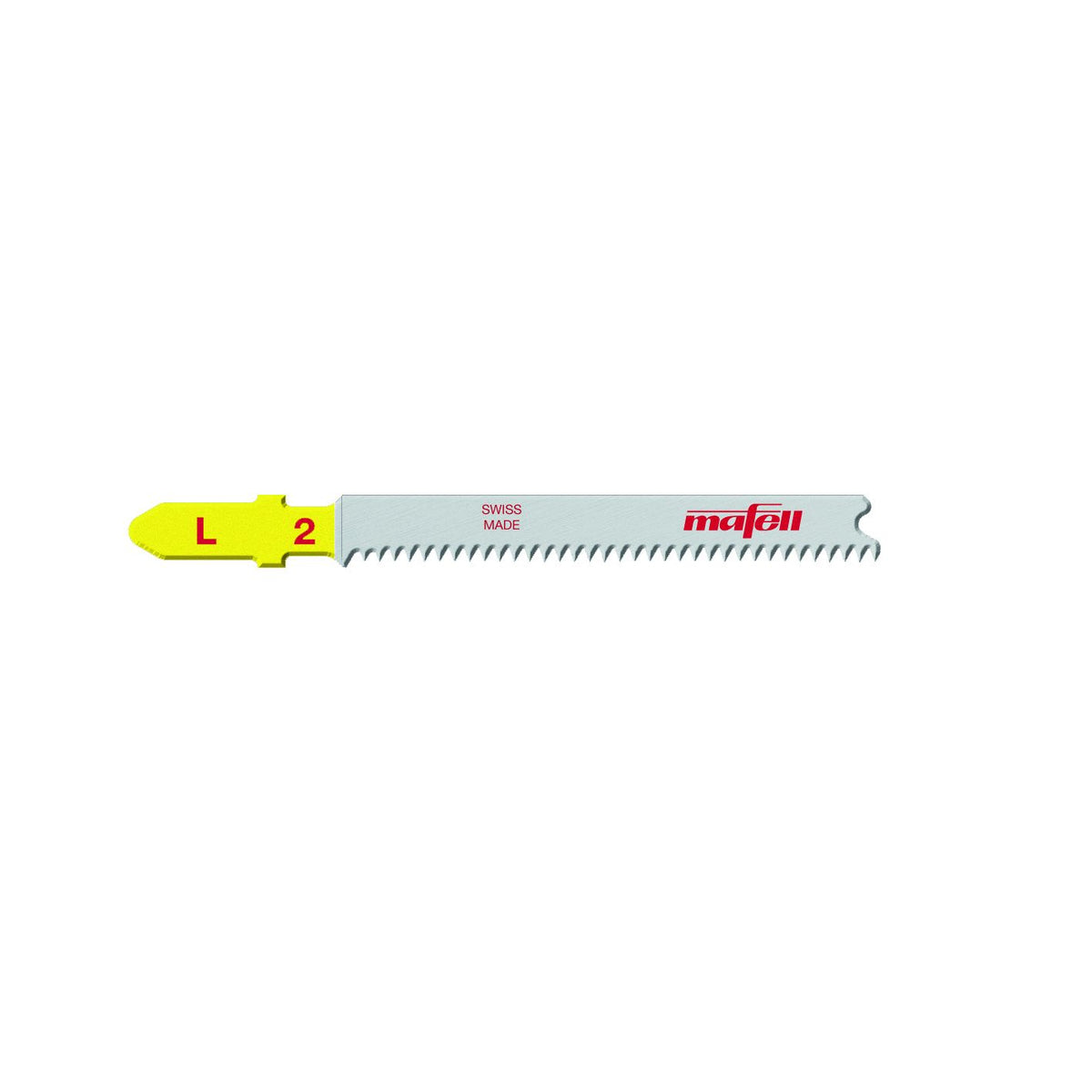 Mafell L2 laminate jigsaw blade 60 mm from a 5-pack, yellow end with L2 marking on a wooden surface