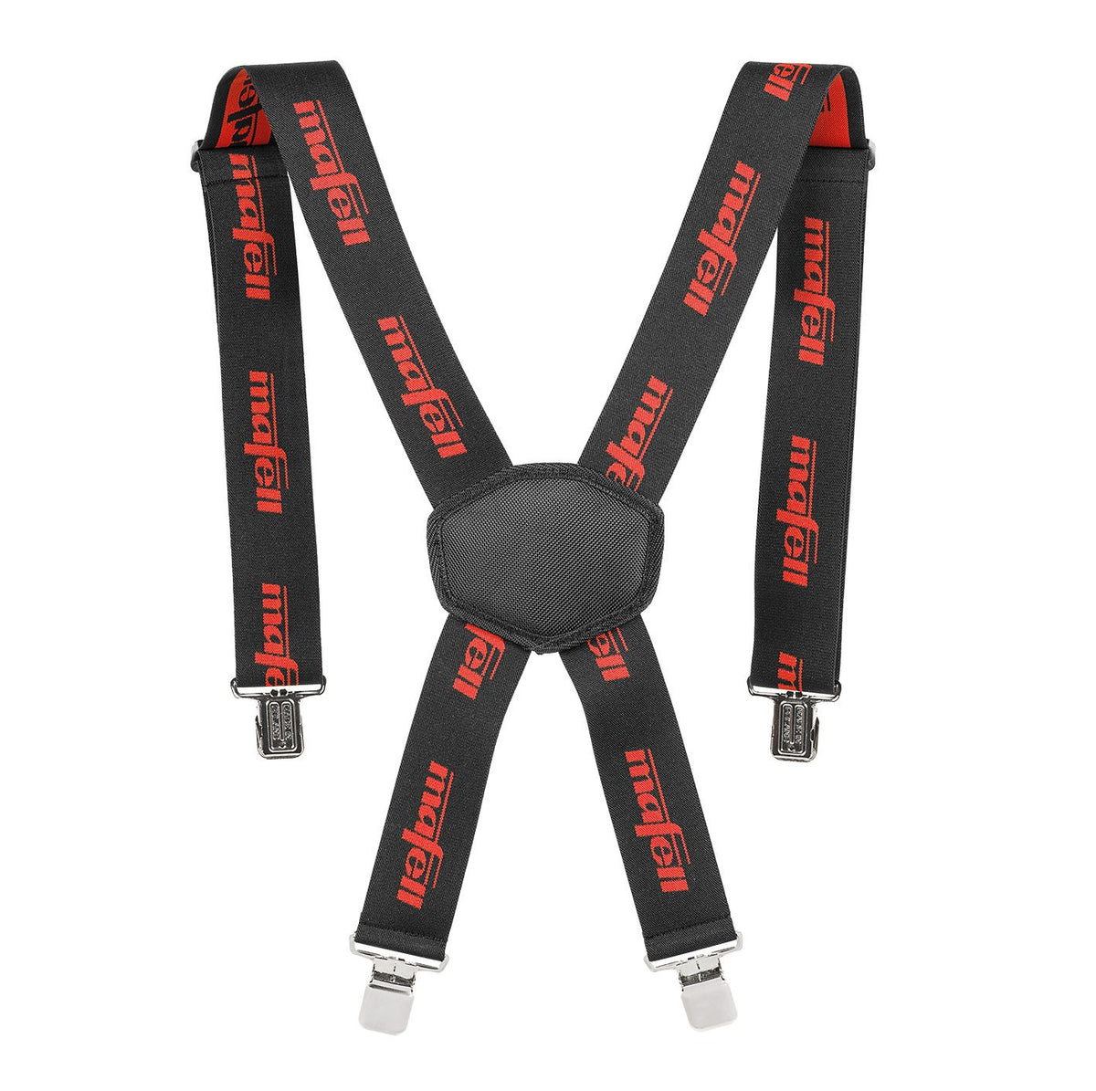 Mafell AK-HTX50 black work suspenders with red logos and metal clips laid flat