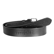Close up of Mafell black leather work belt with a silver double-prong roller buckle