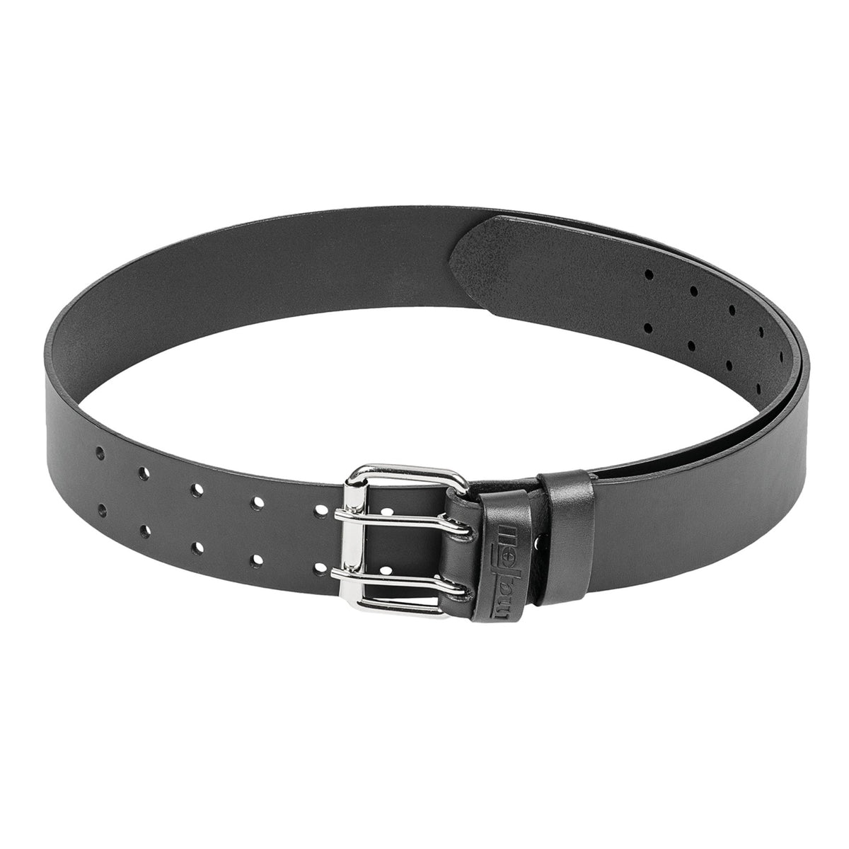 Mafell black leather work belt partially uncoiled with buckle visible and embossed Mafell branding