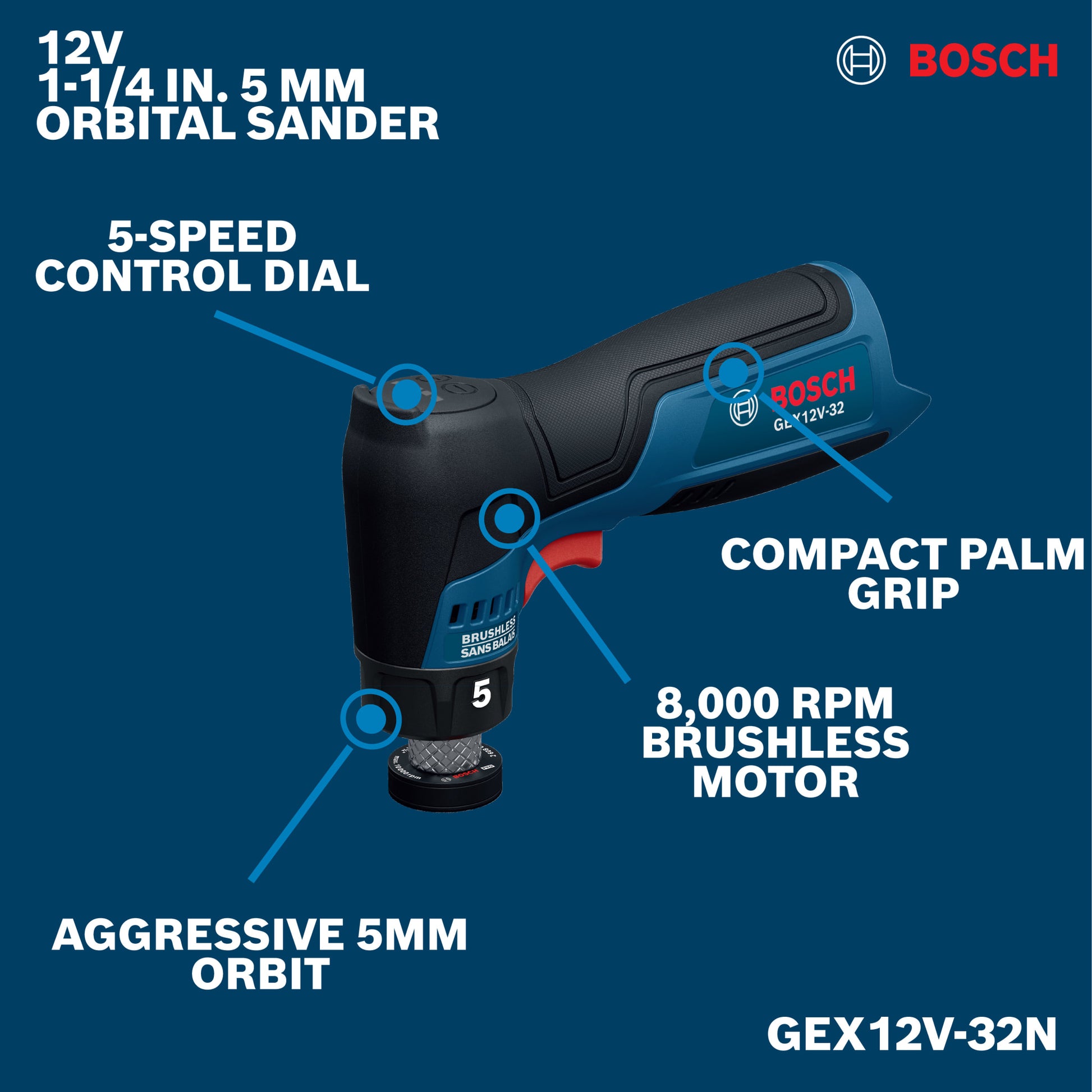 Bosch 12V 1-1/4" Random Orbital Sander (Bare Tool) GEX12V-32N