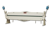 Baileigh HB-14418 144 inch manual straight brake for 18 gauge steel, white frame with blue end handles.