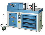 Baileigh HPB-78NC 78 ton NC horizontal press brake in blue and gray with control panel and storage cabinet