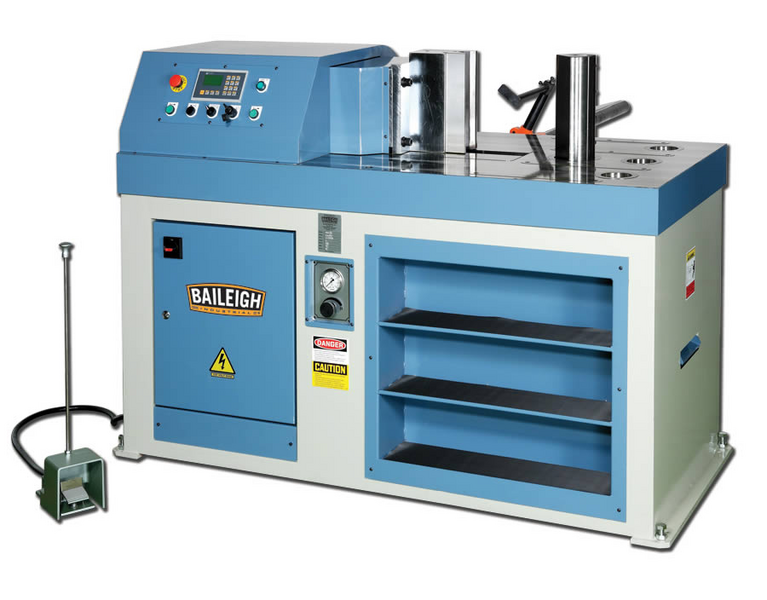 Baileigh HPB-78NC 78 ton NC horizontal press brake in blue and gray with control panel and storage cabinet