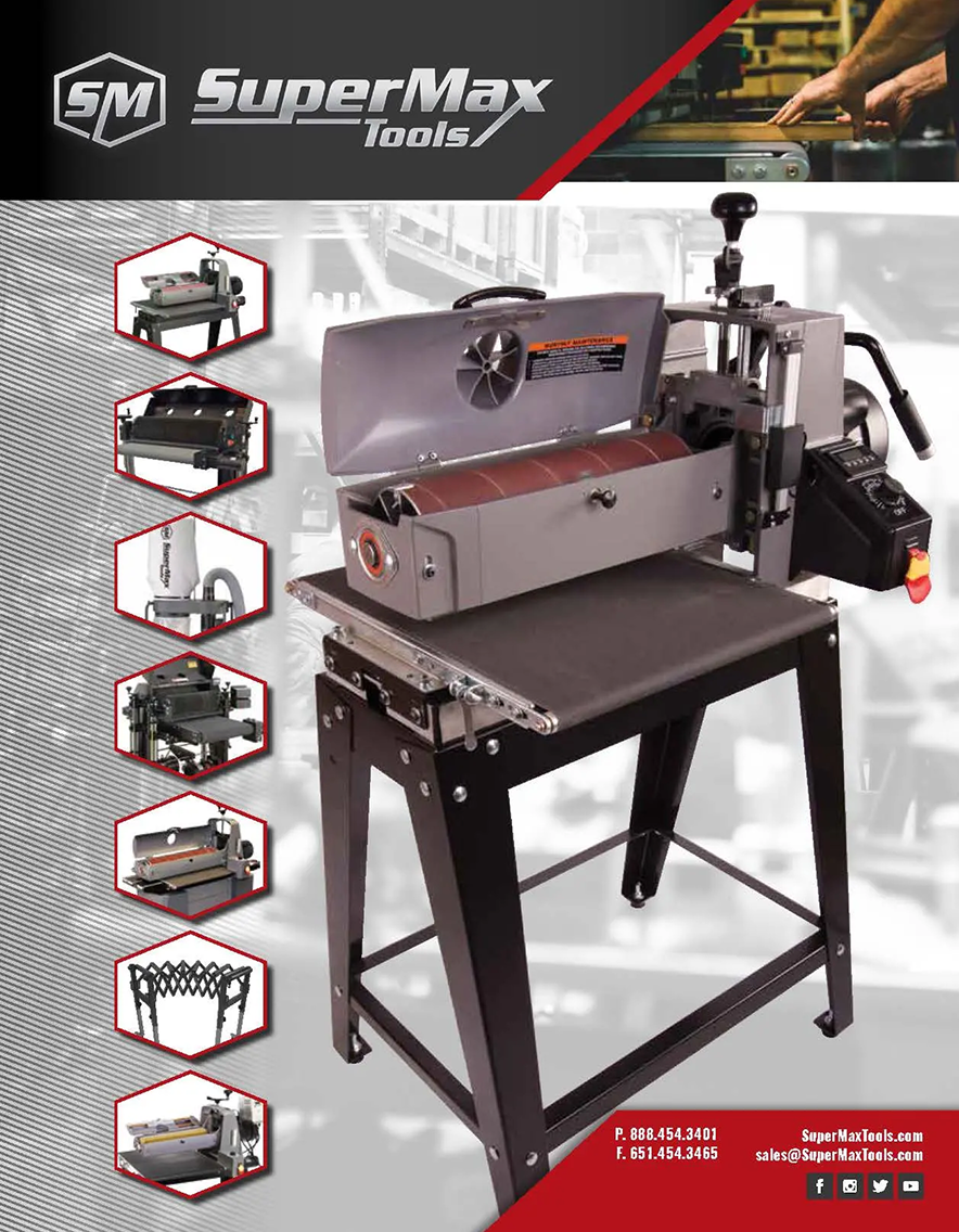 SuperMax Tools grinding machine with multiple product images on a gray background
