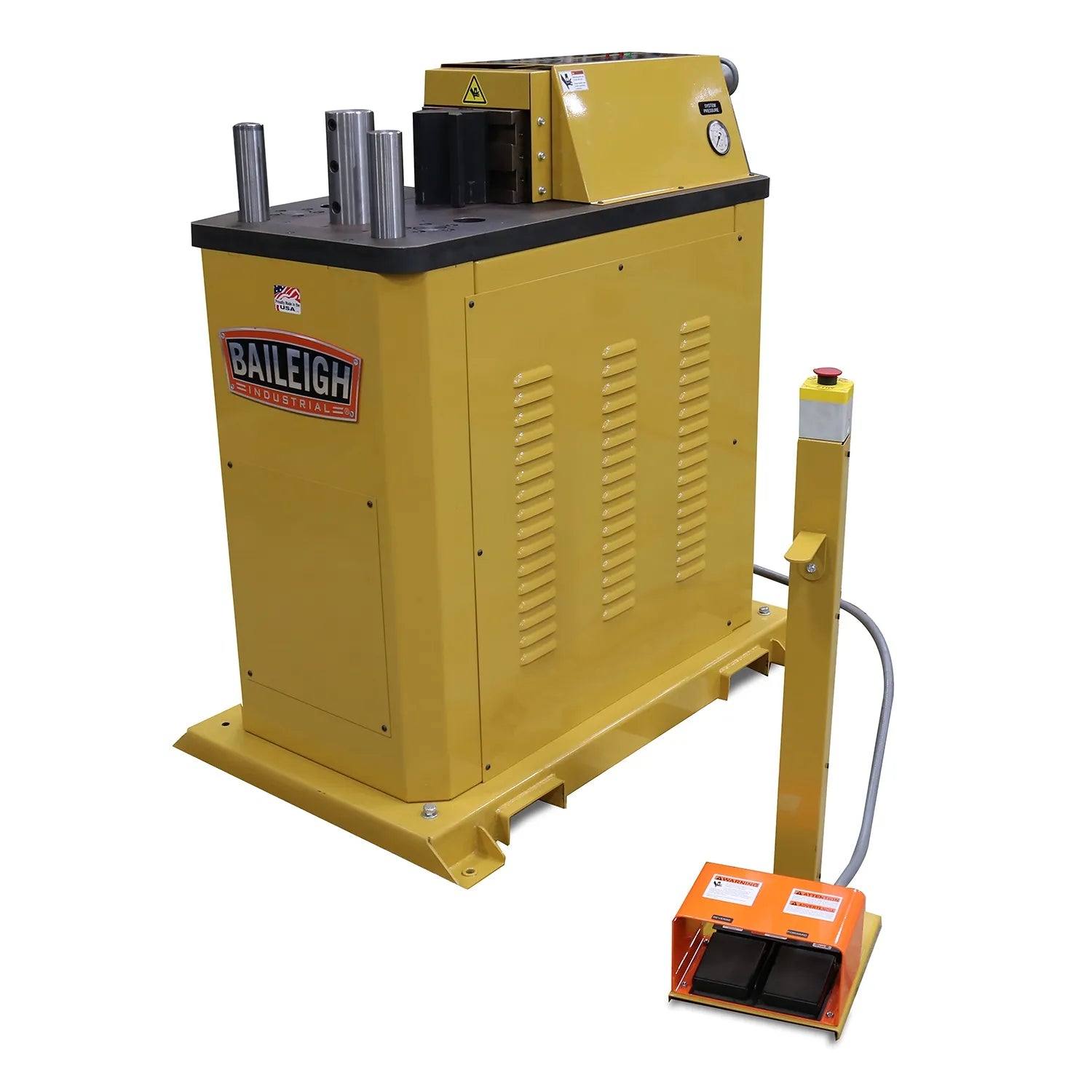 Baileigh HPB-20 20-ton horizontal bending press with yellow body and top mounted control unit on a heavy frame