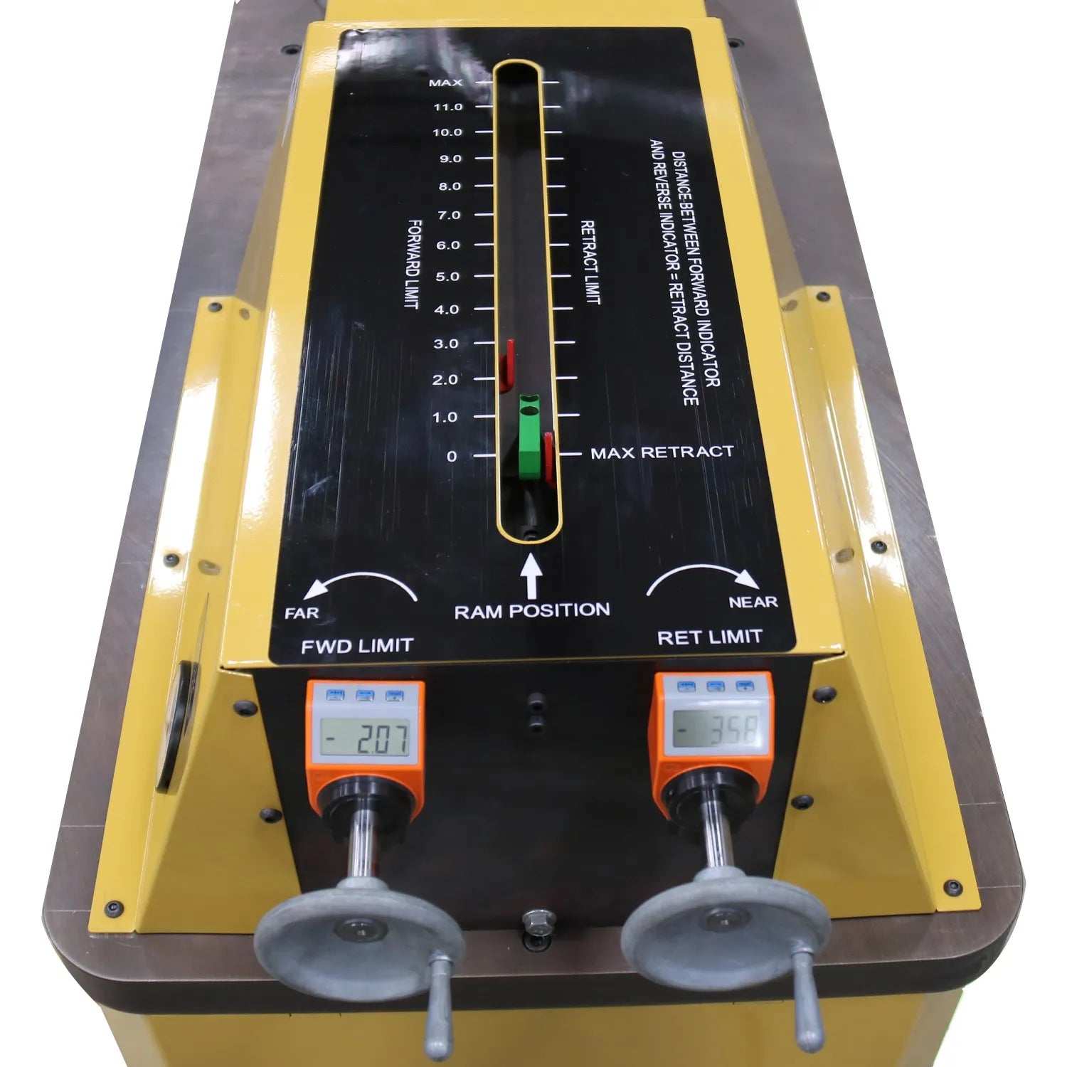 Top view of Baileigh HPB-20 bending press showing the black scale panel, yellow frame and ram position indicators