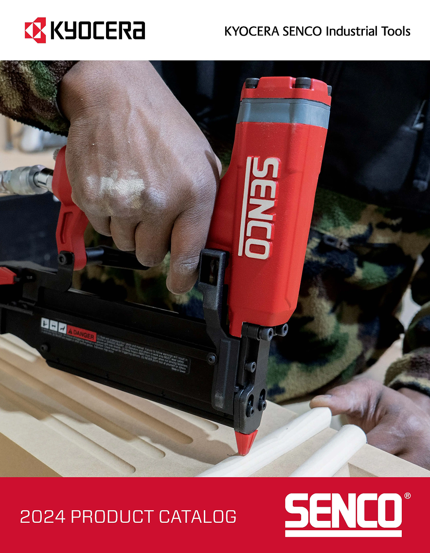 Red Senco nail gun being used on a wooden surface with KYOCERA branding.