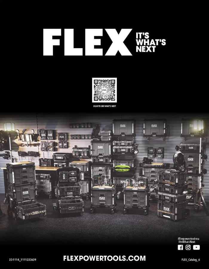 Promotional image of FLEX power tools with a QR code and website URL on a black background.
