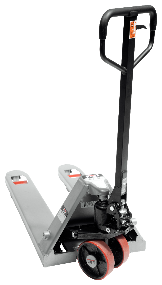 JT161005 20in x 42in Pallet Truck With 5500 LB Capacity. 2/12 inch low profile. Polyurethane 6-1/4 x 2 inch steer wheels.
