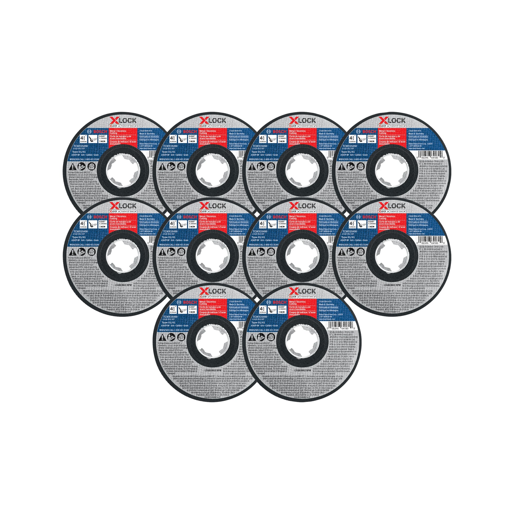 Bosch 4-1/2" x .045" Type 1/41 X-LOCK Metal/Stainless Steel Fast Cutting Abrasive Wheel 60 Grit, 10-Pack TCWX1S450P10
