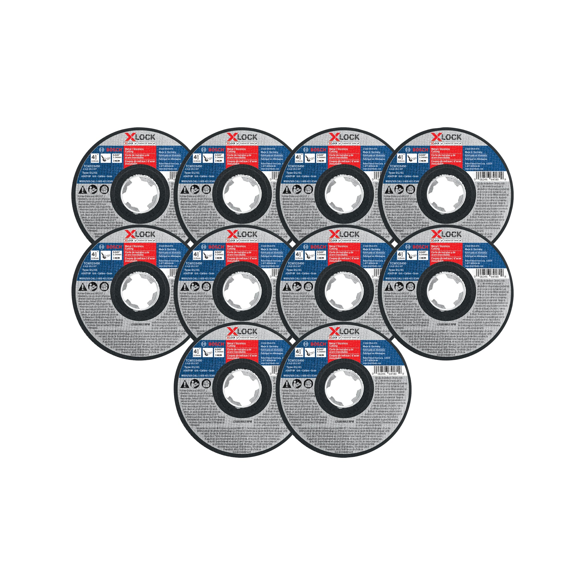 Bosch 4-1/2" x .045" Type 1/41 X-LOCK Metal/Stainless Steel Fast Cutting Abrasive Wheel 60 Grit, 10-Pack TCWX1S450P10