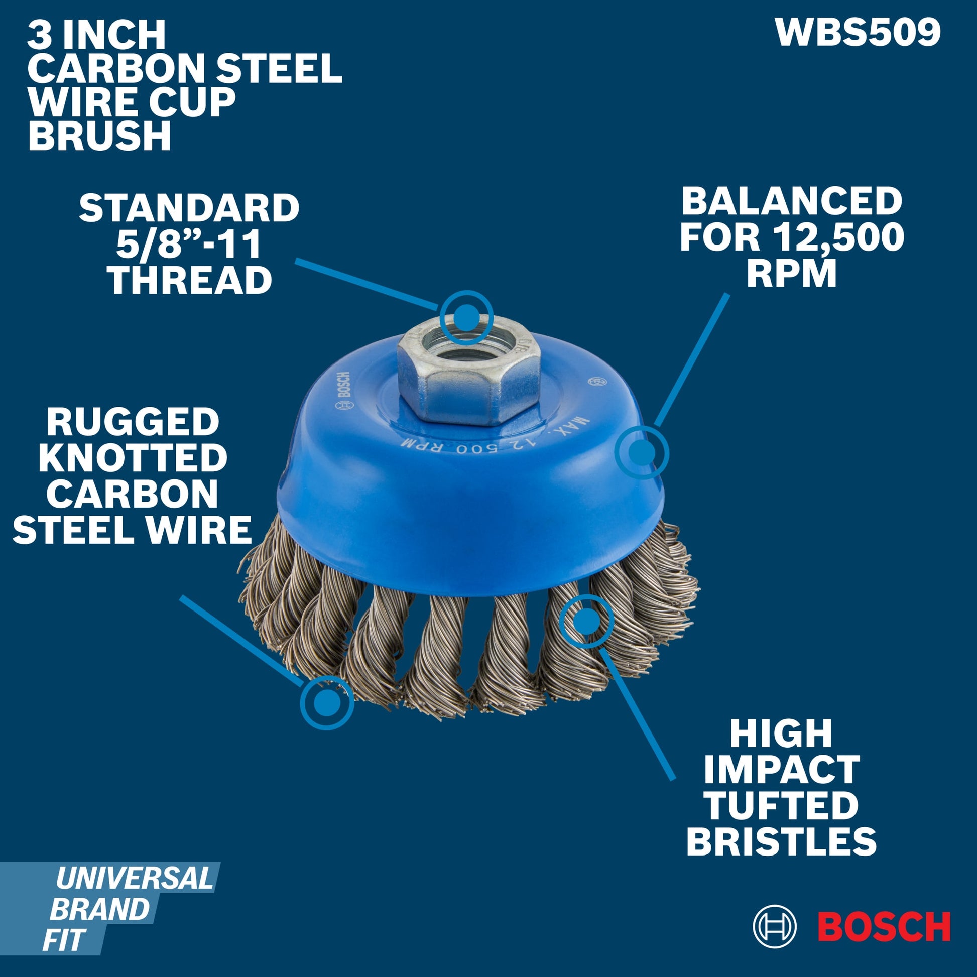 Bosch 3-1/2" Cup Brush, Knotted, Carbon Steel WBS509