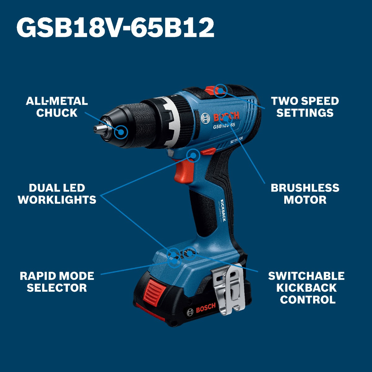 Bosch 18V Brushless 1/2" Hammer Drill/Driver Kit w/ 2 Ah Standard Battery GSB18V-65B12