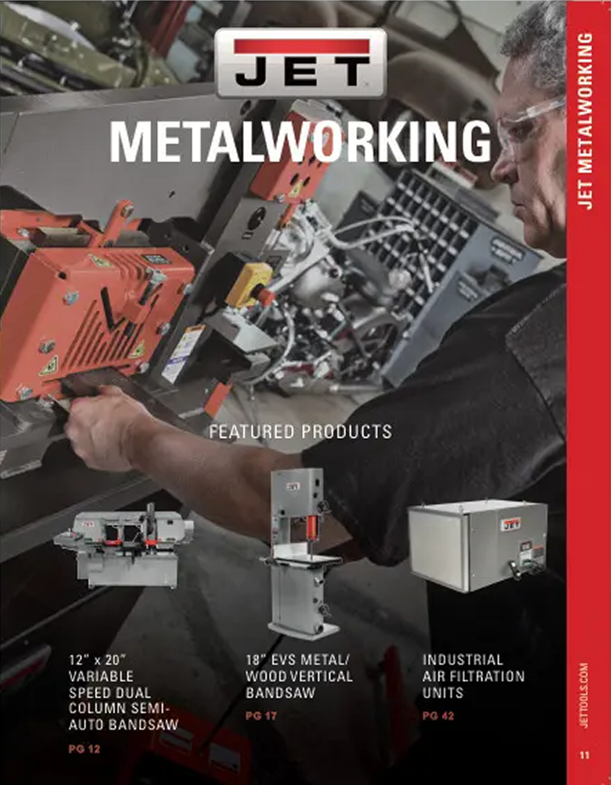 Advertisement for Jet Metalworking featuring a worker and metalworking equipment.