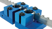 Blue Laguna bandsaw guide blocks clamped around a blade for Jet 18
