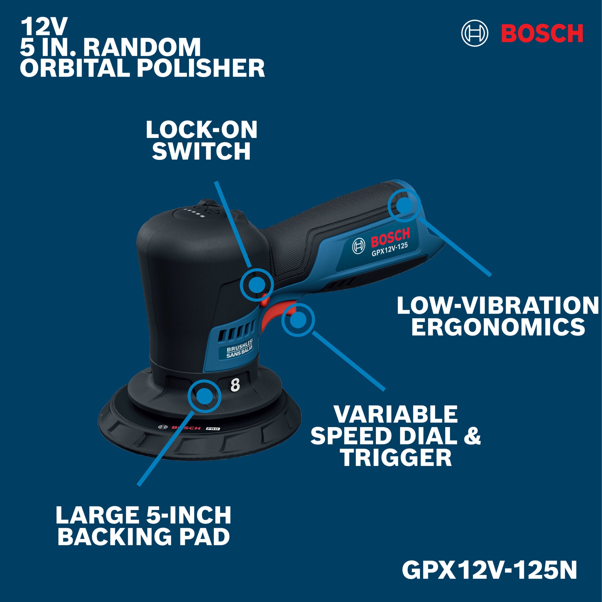 Bosch 12V 5" Random Orbital Polisher (Bare Tool) GPX12V-125N