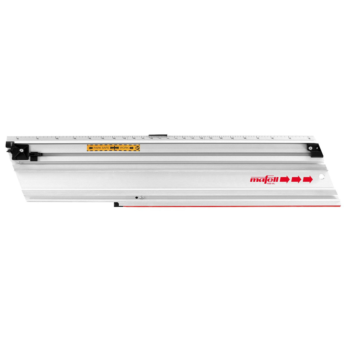 Mafell Guide Track ML 770 mm showing ruler scale and yellow safety label on a silver extrusion.