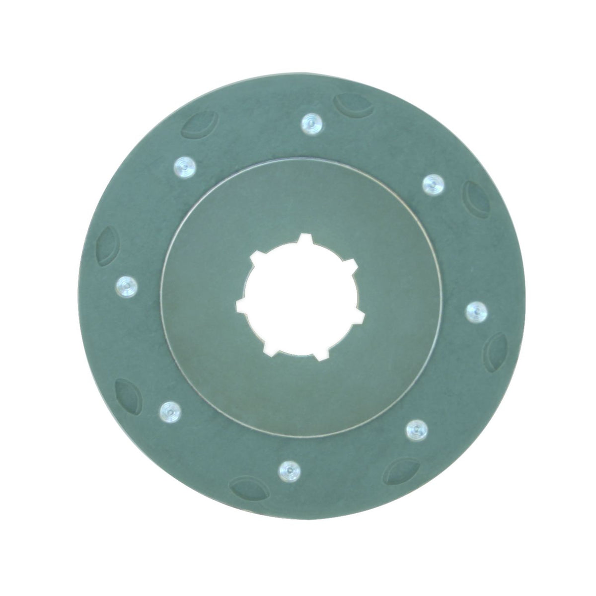 Round green Mafell steel chain sprocket with a splined center bore and bolt holes for the ZSX Ec 400 beam saw.