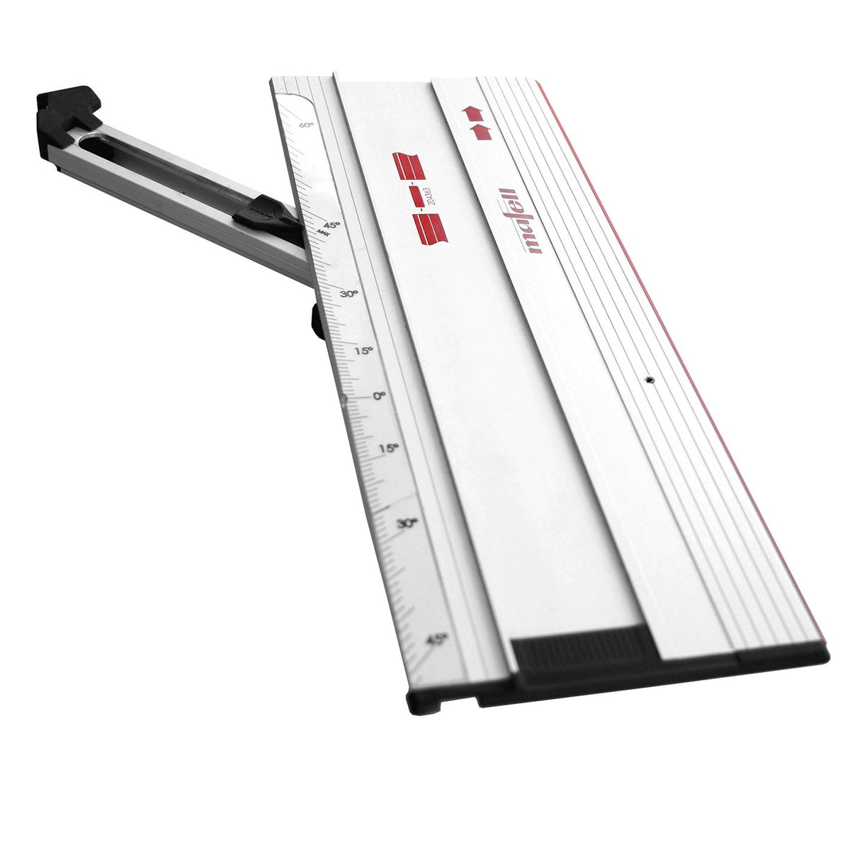 Mafell F-System angle fence mounted on a guide rail for accurate square and miter cuts