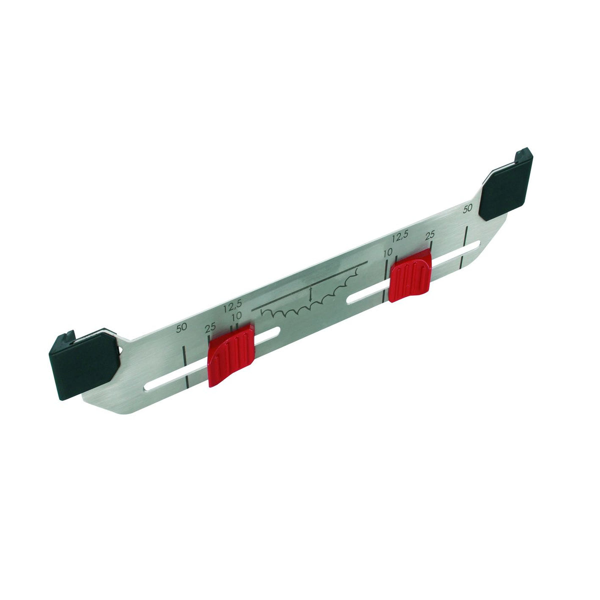 Mafell position indicator on a metal guide rail with red depth adjustment sliders and black end caps.