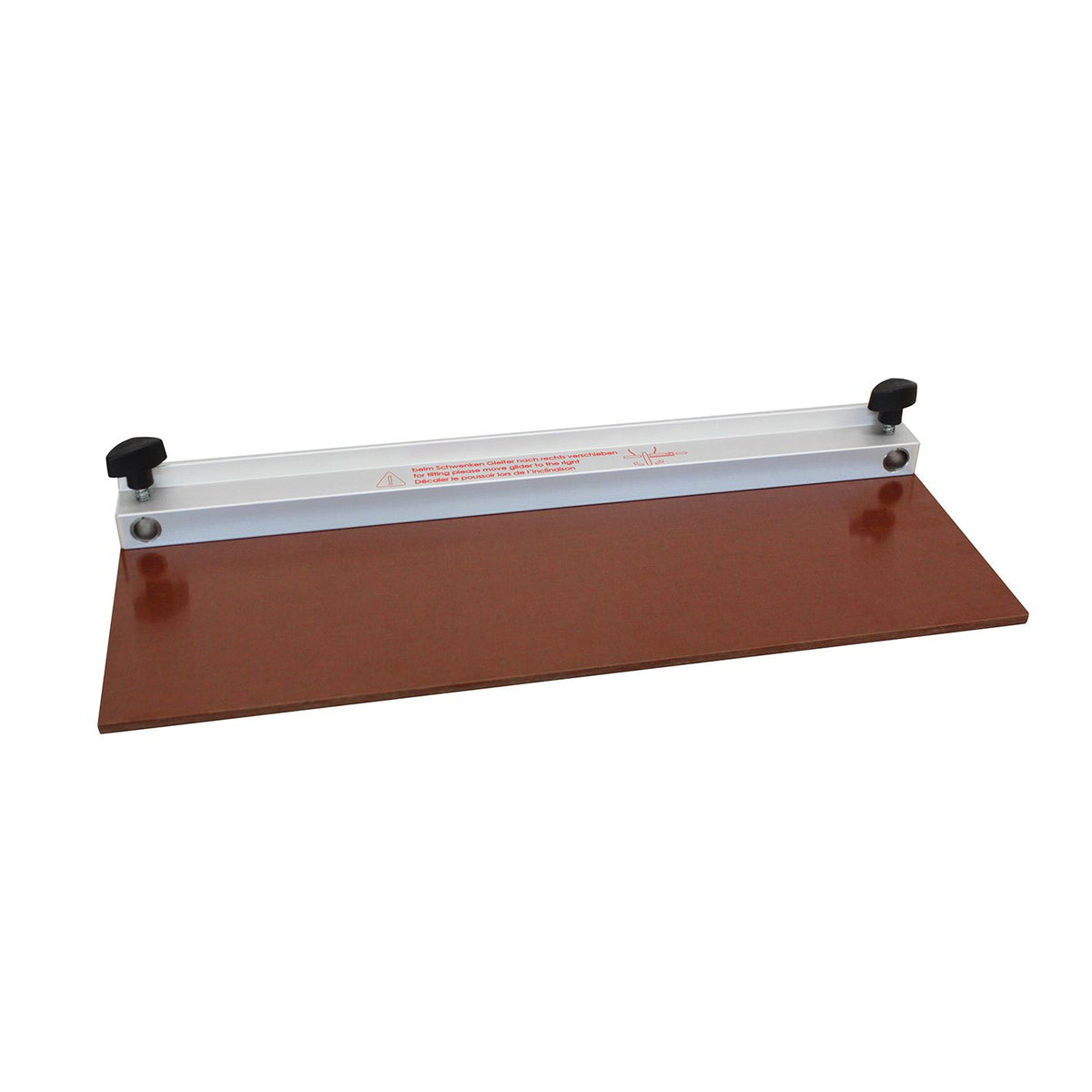 Mafell Glider for guide rail mounted on a brown work surface with two black adjustment knobs at each end.