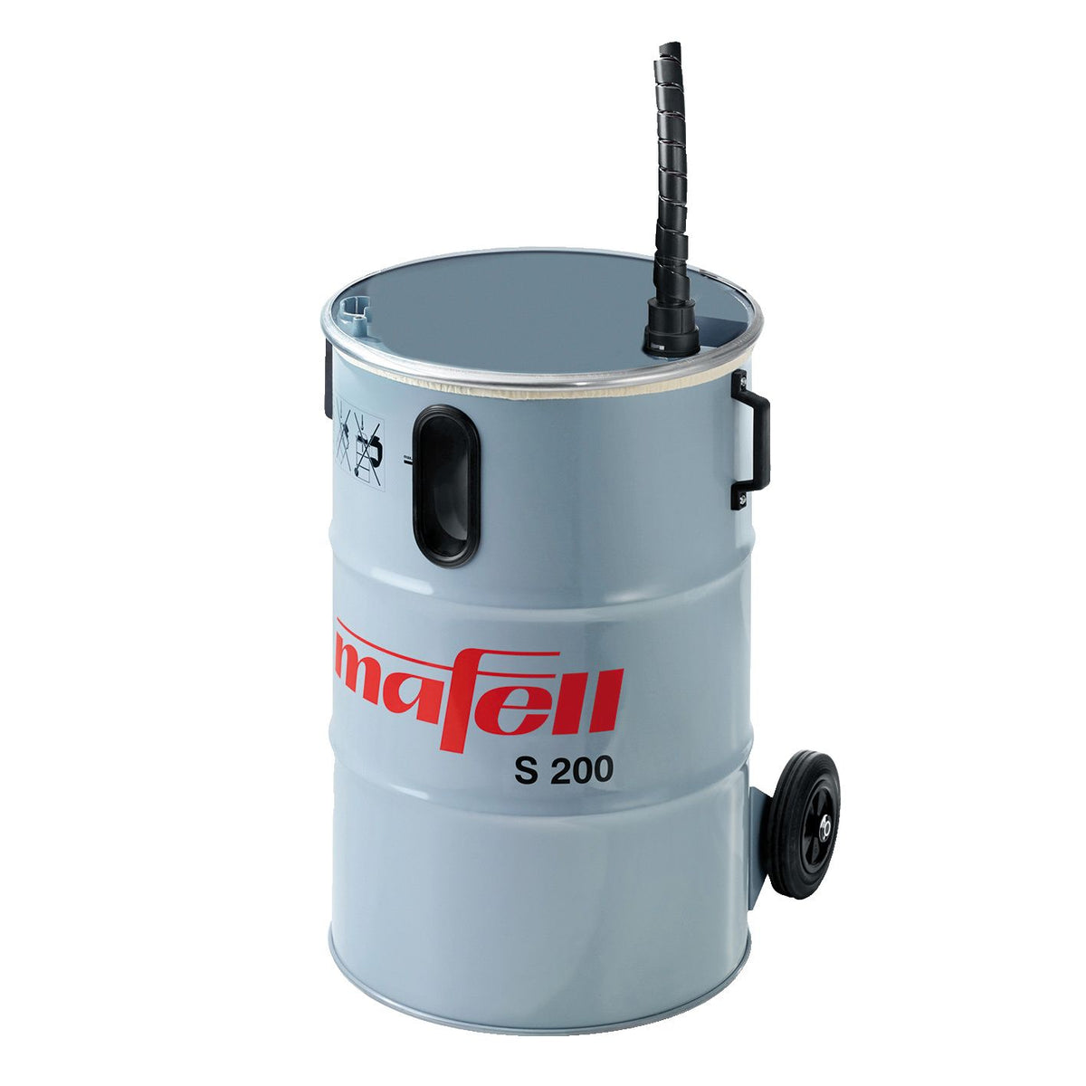 Mafell 200 liter dust extractor container in blue with wheels and the red Mafell logo.