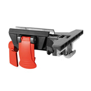 Clamping fence support mounted on ERIKA saw rail with red front lever and black housing
